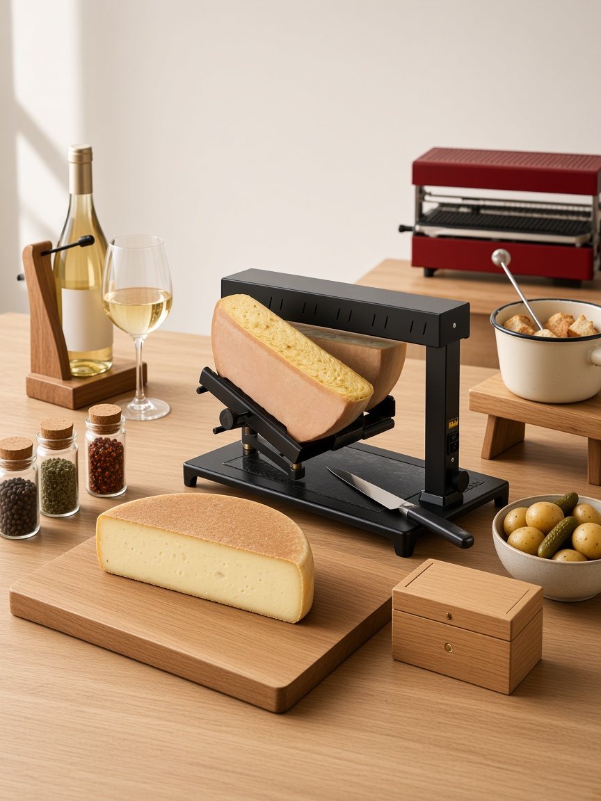 Assortiment de la boutique : raclette sur le grill, épices, vin, fondue et pièces en bois